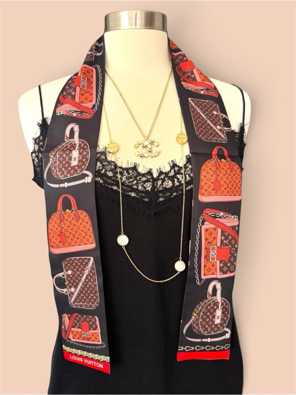 Silky Luxury Scarf with Red and Brown Bag Motif